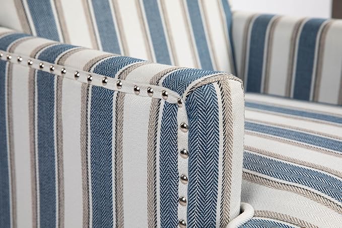 Upholstered Accent Chair Vintage Armchair with Blue and White Striped Linen Fabric Nailhead Trim and Solid Wood Legs 27”x27”x35”Comfortable Reading Chair for Living Room (Blue)