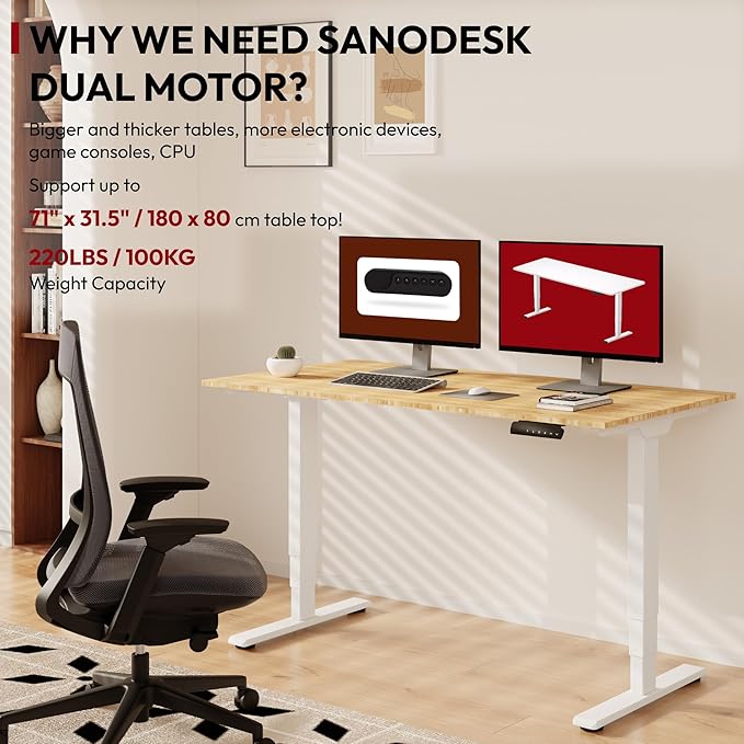 SANODESK 55 Inch 3 Stage Bamboo Electric Standing Desk Dual Motor Height Adjustable Desk Whole-Piece Desktop Sit to Stand Home Office Desk (White Frame/ 55” x 28” Natural Bamboo Top)