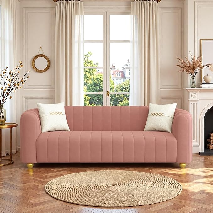 Modern Velvet Loveseat Sofa Couch for Living Room 84 Comfy Upholstered 3 Seater Sofa Couch with Gold Metal Legs &amp 2 Pillows Luxury Sectional Sofa for Bedroom Office Apartment Pink