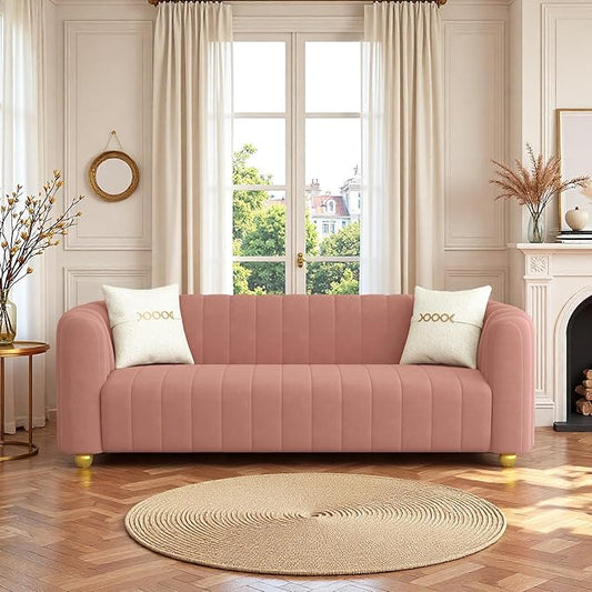 Modern Velvet Loveseat Sofa Couch for Living Room 84 Comfy Upholstered 3 Seater Sofa Couch with Gold Metal Legs &amp 2 Pillows Luxury Sectional Sofa for Bedroom Office Apartment Pink