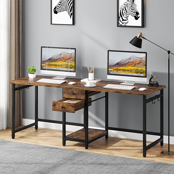 LITTLE TREE 79 Double Desk Two Person Desk with Storage Drawer Long Desk Home Office Desks for 2 Person Rustic Brown