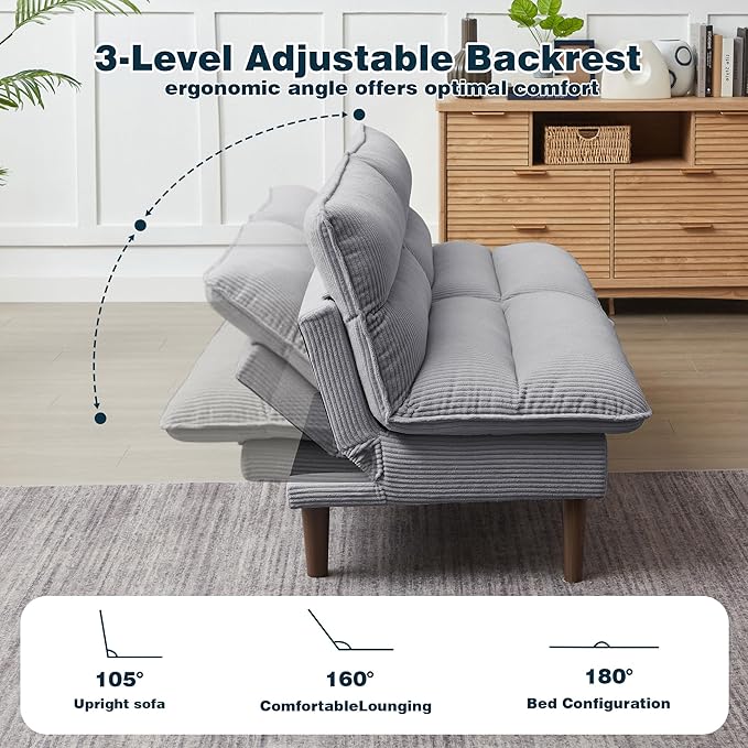 Convertible Futon Sofa Bed Modern Folding Futon Couch with 3-Level Adjustable Backrest Sleeper Loveseat Sofa Recliner Couch for Living Room Apartment Light Grey