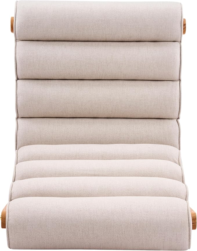 Scott Living Fluffy Low Profile Accent Chair Modern Living Room Armless Lounge Chair Fabric Comfy Reading Chair for Bedroom Wooden Frame and Thick Padded Seat Dark Beige+Natural
