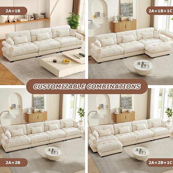 Velvet Modular Sectional Sofa4-Seater Cloud Couch with OttomanPillows and High Density Memory Foam for Living Room Home TheaterApartment（Beige）