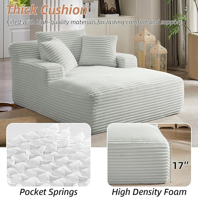 Oversized Chaise Lounge Chair Indoor Corduroy Sofa Bed with Throw Pillows Recliner Chair Comfy Large Deep Seat Sofa Couch for Living Room Bedroom Apartment (Light Grey)