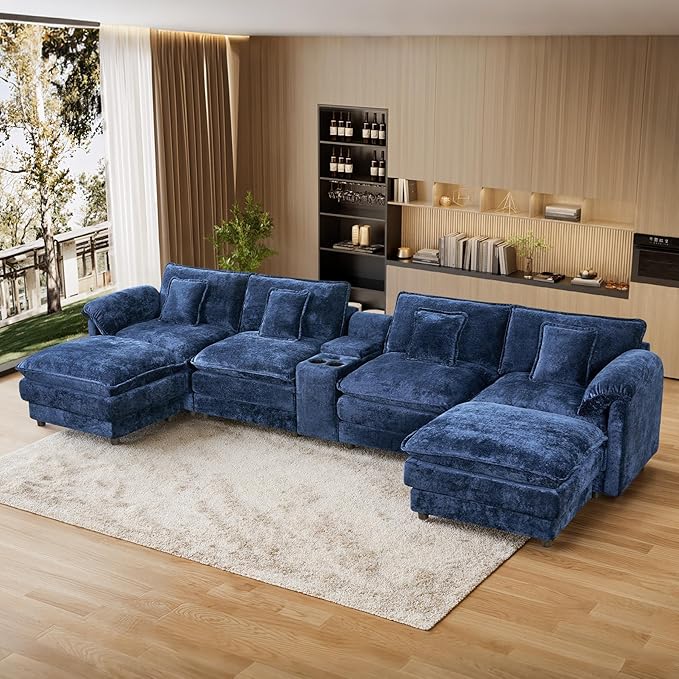 152 Oversized Modular Sectional Sofa U Shaped Cloud Couch Modern 6 Seat Sofa Set for Living Room Comfy Chenille Couch with Storage Central Console Movable Ottomans Cup Holders USB Ports Blue
