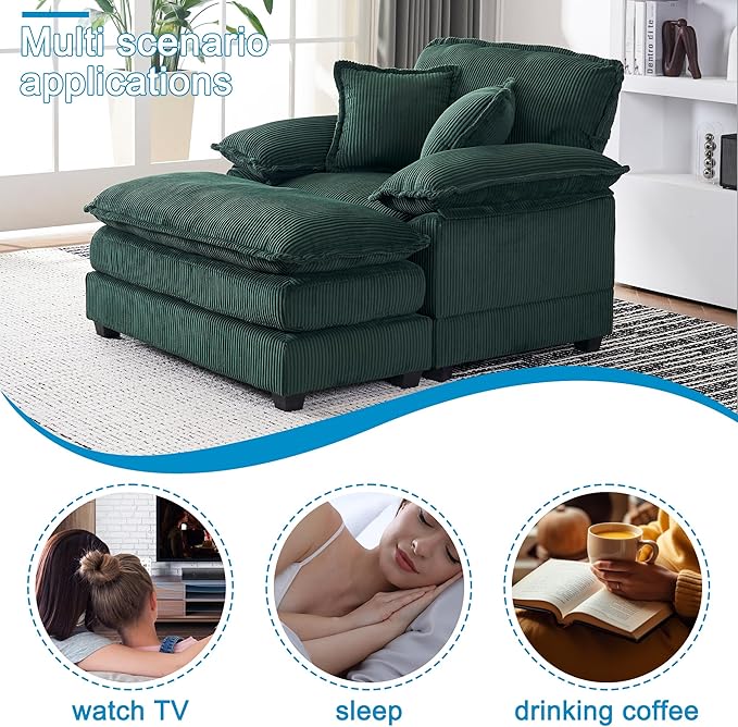 46.9 Oversized Chaise Lounge Chair Indoor with Ottoman Comfy Deep Seat Cloud Sofa Couch Reading Chair Modern Corduroy Upholstered Single Sofa Sleeper Chair for Living Room Bedroom Nursery(Green)