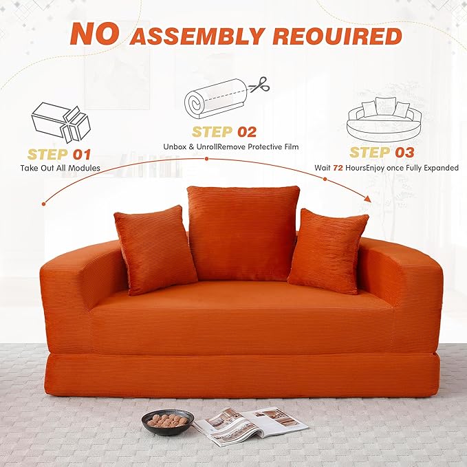 67” Oversized Round Sofa Bed 2 in 1 Convertible Circle Bed Folding Futon Lazy Floor Round Chaise Lounge Chair Comfy Corduroy Boneless Loveseat Couch for Living Room Apartment No Assembly (Orange)