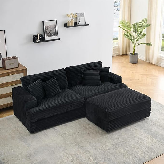 82 Inches Corduroy Square Arms Loveseat Sofa with One Storage Ottoman Comfy Deep Seat Modular Sectional Futon Couch with 4 Throw Pillows for Living Room Bedroom Office (Black)