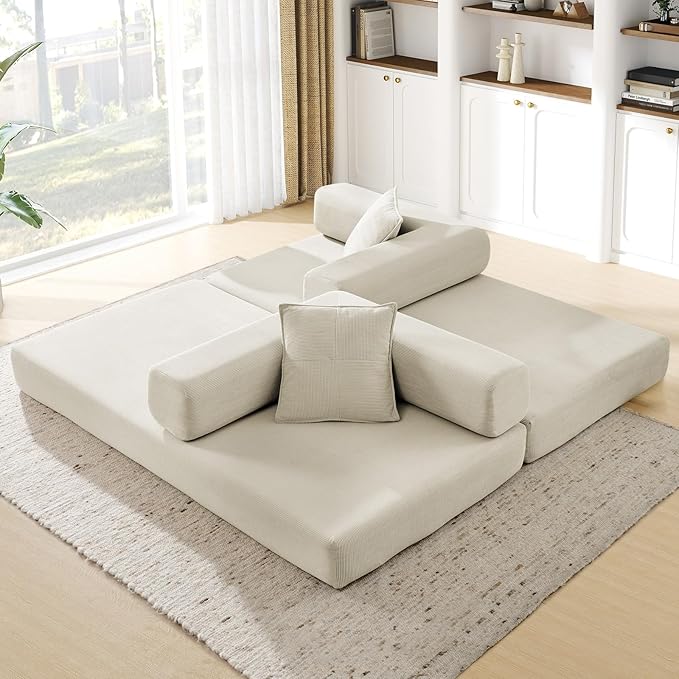 Convertible Folding Sofa Bed Corduroy Sleeper Mattress Couch with Fixed-Shape Frame Free Combination Loveseat Lounge Floor Sofa Queen Size Memory Foam Couch for Living Room Bedroom Beige