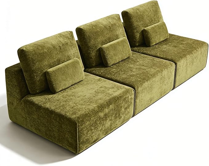 Modular Sectional Sofa 3-Piece Green Plush Velvet Couch Loveseat No-Assembly Compressed Deep-Seat 3-Seat for Living Rooms Family Spaces Reading Nooks