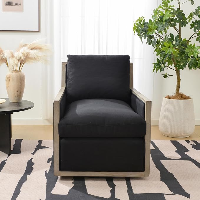 KINWELL 27 Wide Oak Wood Frame Performance Fabric Swivel Armchair No Assembly Down Fill Upholstered Swivel Barrel Chair with Removable Pillow Back for Living Room Bedroom (Black)