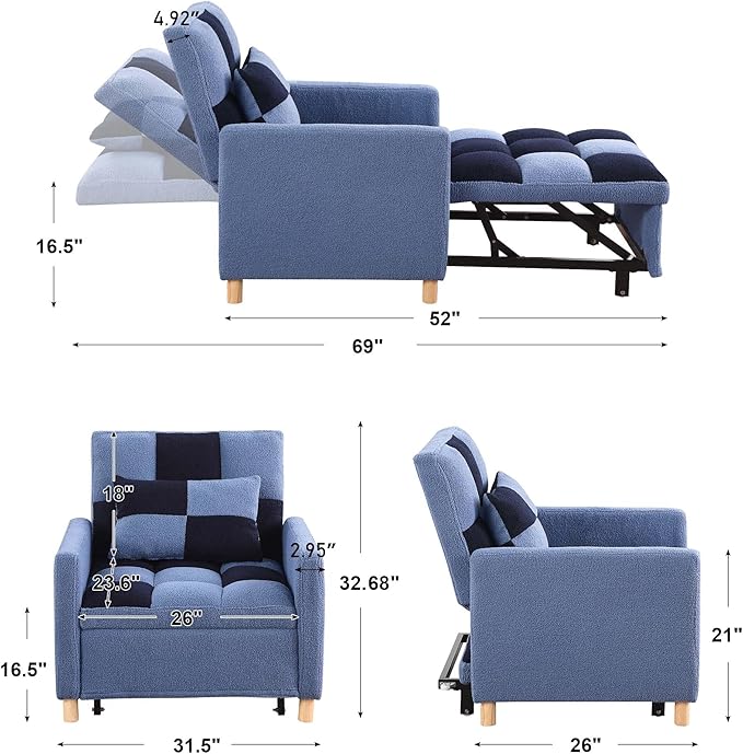 Convertible Sleeper Sofa Chair 3 in 1 Multi-Function Folding Ottoman Couch Sigle Pull-Out Bed with Adjustable Backrest and Pillow for Living Room Apartment Office Blue