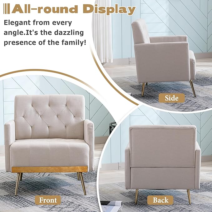 Linen Accent Chair Modern Upholstered Living Room ChairComfy Single Sofa with Button Tufted Back and Golden Metal Legs for Reading Bedroom Waiting Room Beige