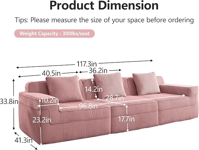 117.3 Corduroy Boneless Sectional Couch with High Density Memory Foam SofaCloud Sofa with Deep Seats and Wide Armrests3 Seater Pink Sofa for Living Room Apartments
