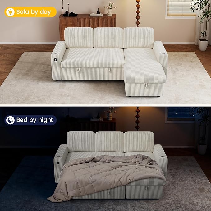 83'' Pull Out Sofa Bed 2 in 1 Convertible Sleeper Sofa Couch with Storage Chaise &amp USB Charging Comfy Corduroy Modular Couches for Living Room ApartmentBeige 1 PCS