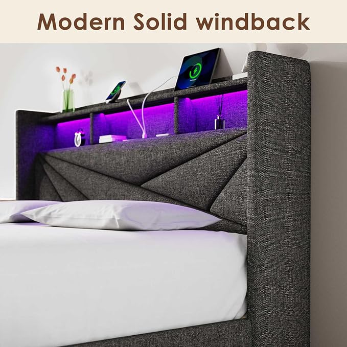 LED King Size Bed Frame with 2 Storage Drawers Upholstered King Bed Frame with Headboard and Charging Station No Box Spring Needed Easy to Assembly-Dark Grey