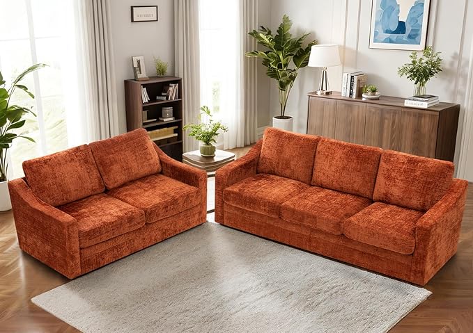 2 Pieces Chenille Sofa Sets w/Comfortable Back Cushions Modern Loveseat &amp Sofa w/Deep Seat Space Upholstered 2 Seat &amp 3 Seats Couch Sets w/High Resiliency Foam for Living Room Office Orange