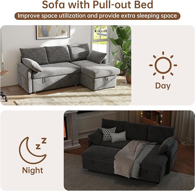 Sofa Bed 80'' L Shape Chenille Sleeper Sofa Couch with Pull Out Bed and Storage Chaise for Living Room Apartment and Hotel Dark Gray