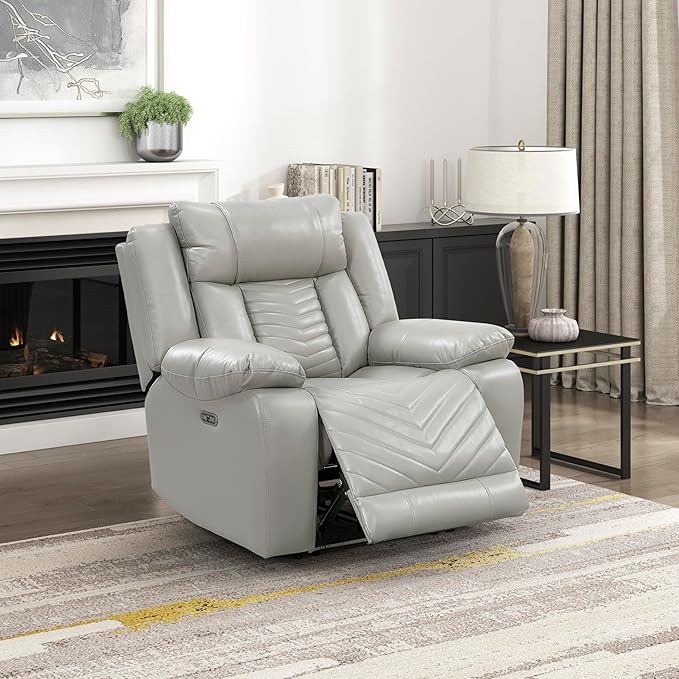 Lexicon Power Recliner Chair Faux Leather Upholstered Home Theater Seating with LED Lighting USB Charging Ports Single Wall Hugger Reclining Chair for Living Room/Bedroom Easy Assembly Gray