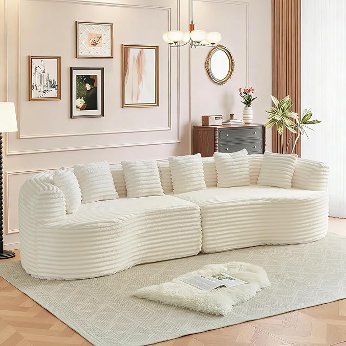 106” Oversized Curved Sectional Couch Corduroy Memory Foam Boneless Compression Sofa Couch with 6 Pillows Modern Floor Deep Seat Sofa for Living Room Office Apartment No Assembly Needed Beige