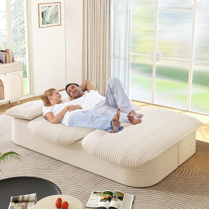 Convertible Sleeper Sofa Modern 78-inch Folding Futon Corduroy Floor Foam Compression Loveseat Sofa Bed Couch Foldable Full Size Guest Bed with 2 Pillows for Living Room Bedroom Apartment Beige