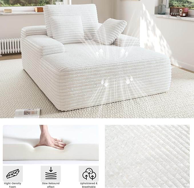 67'' Chaise Lounge Chair Indoor Oversized Boneless Sofa Bed Fluffy Corduroy Sleeper Sofa for Apartment Bedroom Living Room Comfy Cloud Boneless Couch Reading Recliner No Assembly Beige