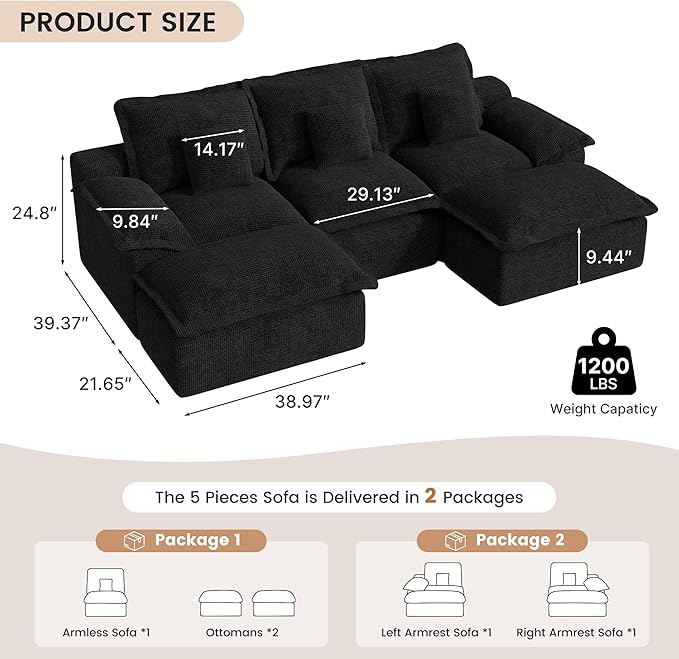 Modular Sectional Sofa 107'' Boneless Couches for Living Room 5-Seat Sofa with 2 Ottomans Cloud U Shaped Couch No Assembly Required Chenille Black