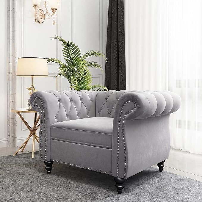 AVZEAR Living Room Accent Chair Upholstered Sofa Chair Single Sofa Chair with Tufted Back Velvet Chesterfield Sofa Chair for Living Room Apartment Grey