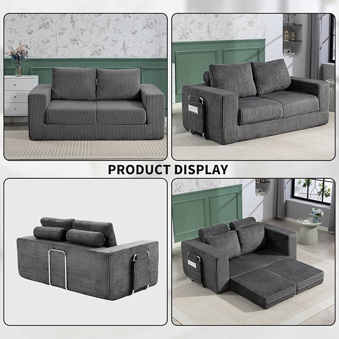 J.C.UP 69'' Convertible Sofa Bed Pull Out Loveseat Sleeper Sofa 2 Seater Boneless Folding Sofa Bed Floor Couch with Deep Seat Chaise Lounge for Living Room Bedroom No Assembly Required Gray