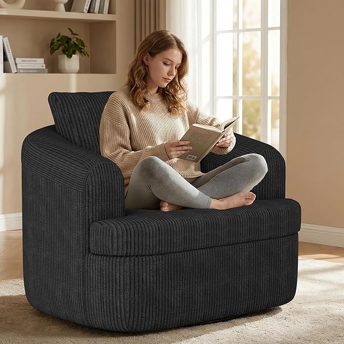 Swivel Accent Chair Modern 360 Degree Swivel Barrel Chairs 36.6 W Corduroy Upholstered Barrel Accent Armchair Comfy Oversized Single Sofa Boneless Chair for Living Room Bedroom Black