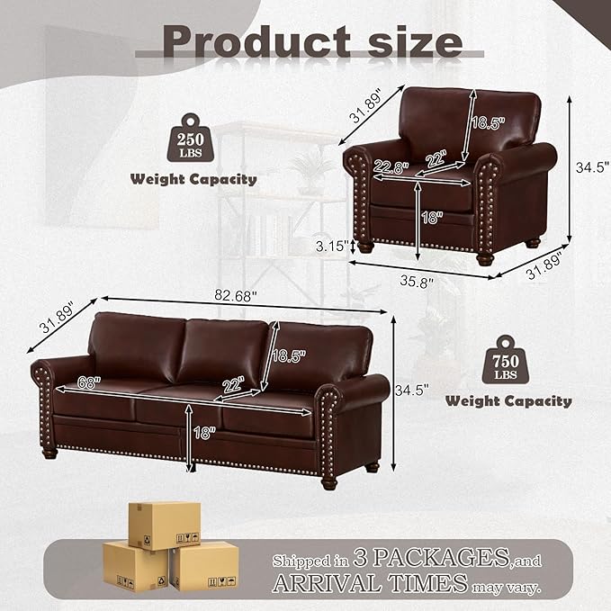 2 Piece Faux Leather Sofa SetModern Chair and Couch Sets with StorageMid Century Couch with Rivet Rolled ArmComfy Deep Seat SofaFurniture for Living RoomOffice(Armchair+3 SeaterBurgundy)