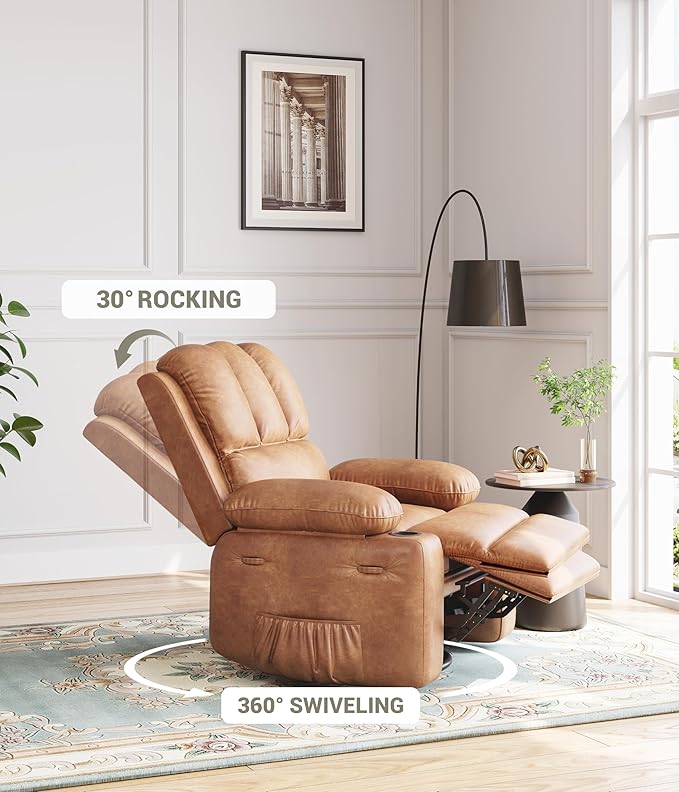 GarveeHome 22 in Rocker Swivel Recliner Chair Lazy Recliner for Adults with 1.5X Sponge Filling Side Pocket and Cup Holder for Living Room Bedroom and Nursery Vintage Leather