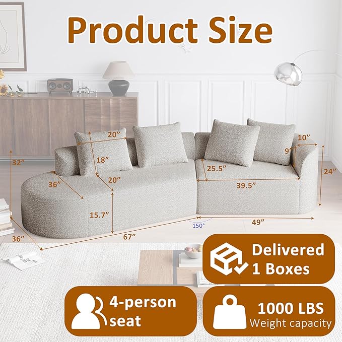 112-inch Curved Sofa Modular Sectional Modern Oversized Chenille Cloud Memory Foam Compression Boneless Sofa Couch with 4 Pillows for Living Room Bedroom Office Left Facing Chaise Beige
