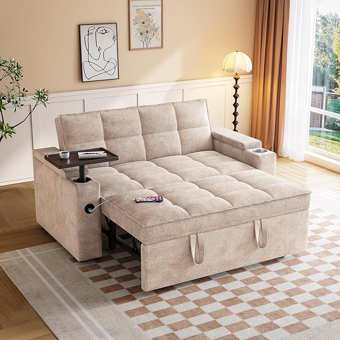 65'' 3-in-1 Convertible Sofa Bed with Adjustable Backrest Pull Out Sofa Chenille Couch Sleeper 360° Swivel Side Table Easy Assembly for Living Room &amp Apartments Khaki