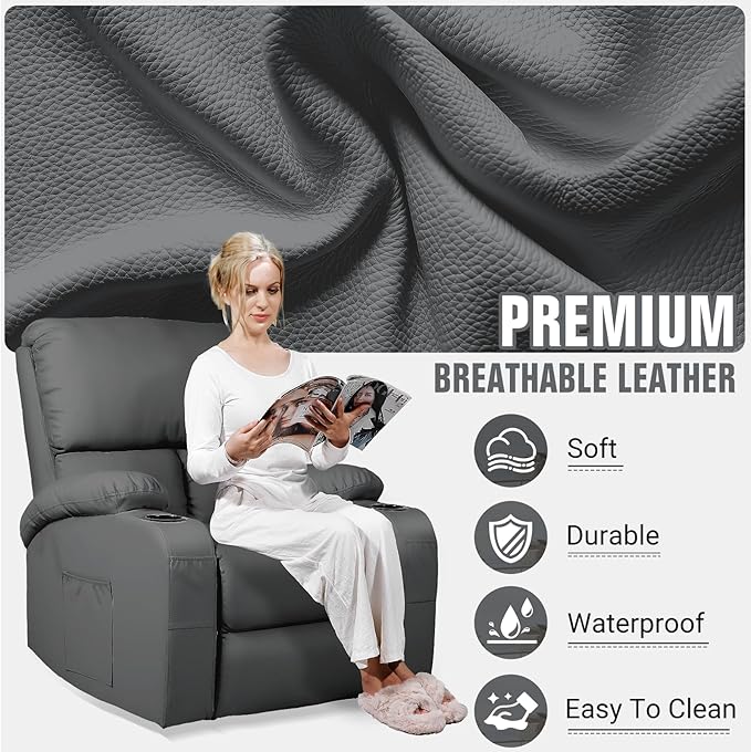 LEVELEVE Rocking Recliner Chair Massage Rocker Recliner Chair with Vibration Massage and Heat 360° Swivel Faux Leather Chairs Living Room Bedroom Nursery RV Dark Grey