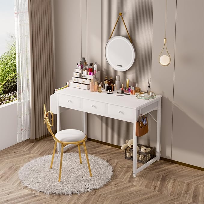 Lufeiya Small White Computer Desk with Drawers for Home Office Bedroom 40 Inch Vanity Desk with Fabric Drawer Storage and Side Pouch Study Writing Table White