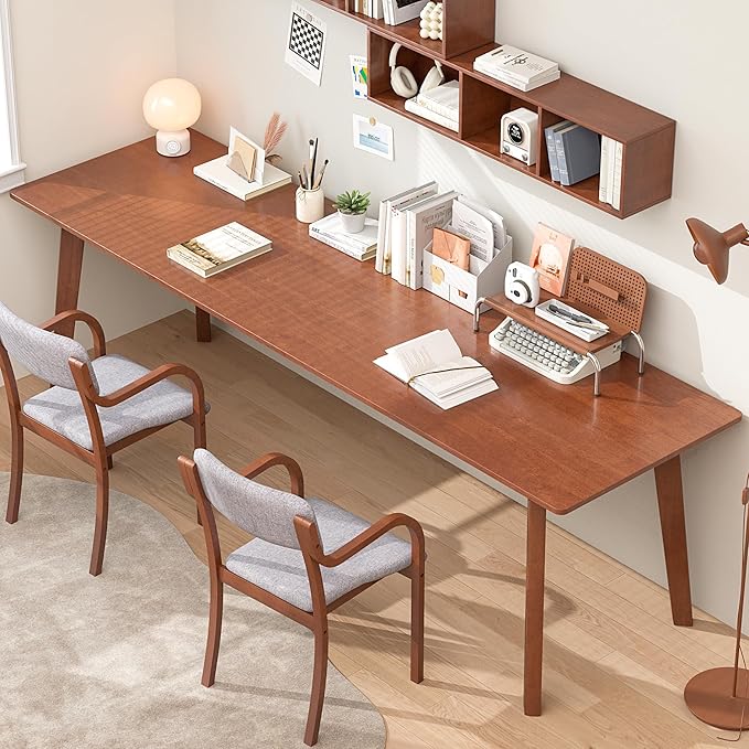 Solid Wood Desk with Large Desktop - 70.9 Mid Century Modern Executive Desks Farmhouse Home Office Computer Desks for Two People Writing Study Table | 2 Person Desk for Any Room-Walnut