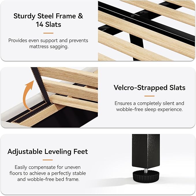 Queen Bed Frame Upholstered Platform Bed with 55.5 Tall Wingback Headboard Solid Wooden Slats Noise-Free Mattress Foundation No Box Spring Needed Easy Assembly Beige