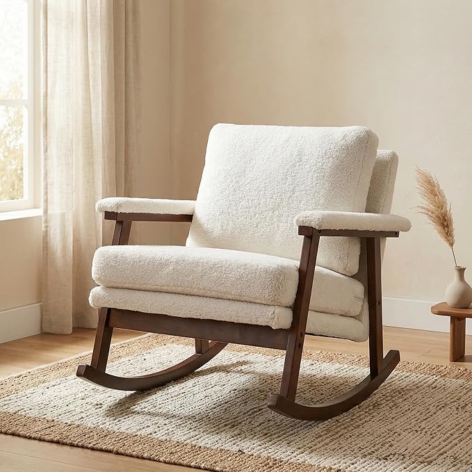 Rocking Chair for Nursery Living Room &amp Bedroom Upholstered Accent Chair with Solid Rubberwood Frame Cozy Reading Chair for Small SpacesWhite