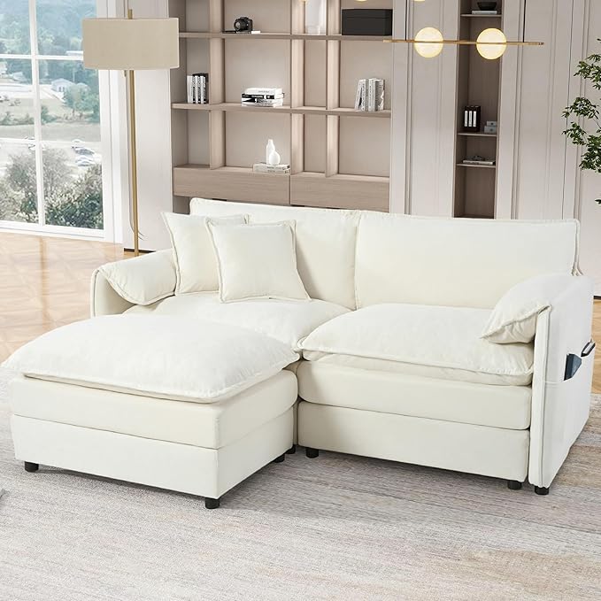 KEIKI 75 Sectional Cloud Couch Sofa L-Shaped Lounge Sofa with Storage &amp Ottoman 3-Seater Convertible Sofas Set W/Pillow Chenille Upholstered Sofabed Indoor for Living Room Bedroom Office Beig