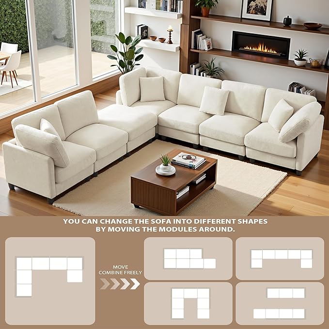117 Modular Sectional Sofa with Movable ChaiseModern Chenille Cloud Sectional Couch with Deep SeatU Shaped Compressed Boneless Sofa for Living RoomNo Assembly Required (Beige)