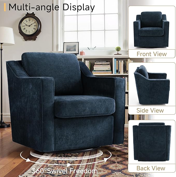 Pia Ricco 2-Pack Plush Oversized Chenille Fabric Swivel Accent Chairs with Removable Covers Living Room Reception Bundle SetGrey Blue