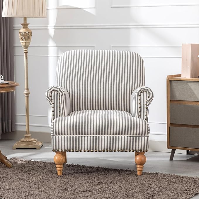 chairus Linen Accent Chair for Living Room Set of 2 Upholstered Mid Century Modern Single Sofa Chair with Solid Wood Legs Comfy Reading Armchair for Bedroom/Office Room/Recption/Lounge Black Stripe