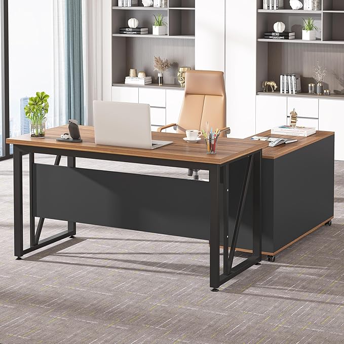 Tribesigns 55-Inch Executive Computer Desk with 43-Inch Lateral File Cabinet Large Workstation Business Furniture L Shaped Desk with Drawers and Storage Shelves for Home Office Walnut