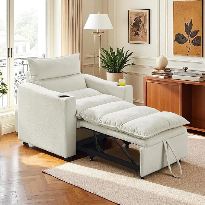 3-in-1 Convertible Sleeper Chair Pullout Sofa Bed with Cup Holders Lazy Sofa Bed with Adjustable Backrest Recliner Chair for Living Room Apartment Dorm or Office Beige