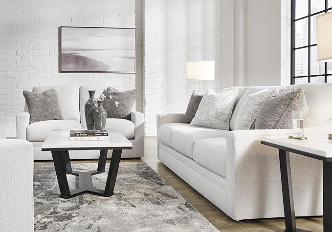 Signature Design by Ashley Maitelynn Contemporary Sofa with Accent Pillows Reversible Cushions and Sloped Arms Light Gray