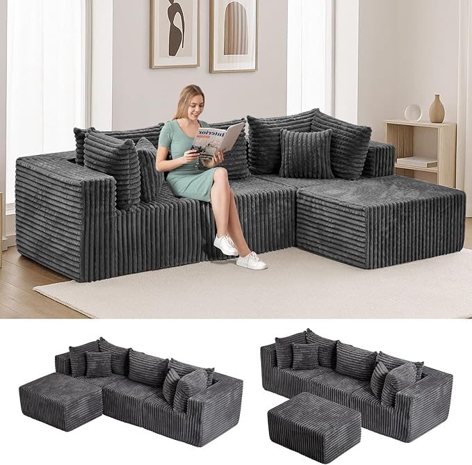 104 Inch Cloud Couch SectionalCorduroy Boneless Couches for Living RoomL-Shaped Modular Sectional Sofa with Removable Ottoman and Deep SeatNo Assembly RequiredGrey