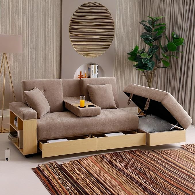 Sofa 84.65 Convertible Sofa Bed with Storage Ottoman Adjustable Armrest &amp Coffee Table - Perfect for Small Apartments 2 Drawers Soft Cotton Linen Fabric Solid Wood FrameLight Brown