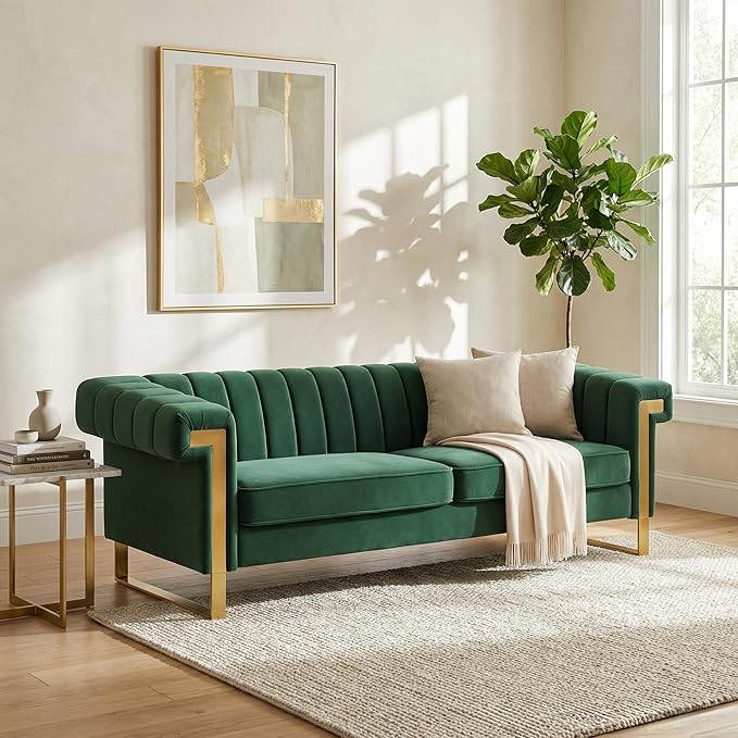 Luxury Velvet 3-Seater Sofa Mid-Century Modern Couch with Gold Metal Legs Waterfall Stitched Back Removable Cushions for Living Room Durable &amp Comfortable (Green)